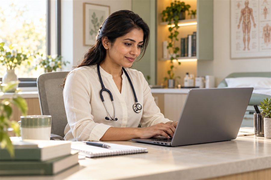 A doctor preparing educational material on a laptop