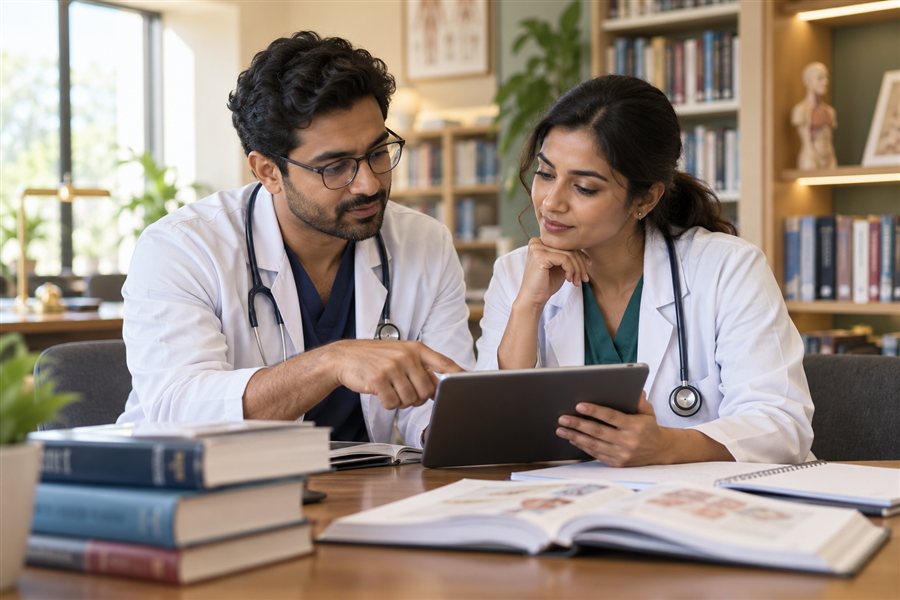 Medical professionals exploring learning material together