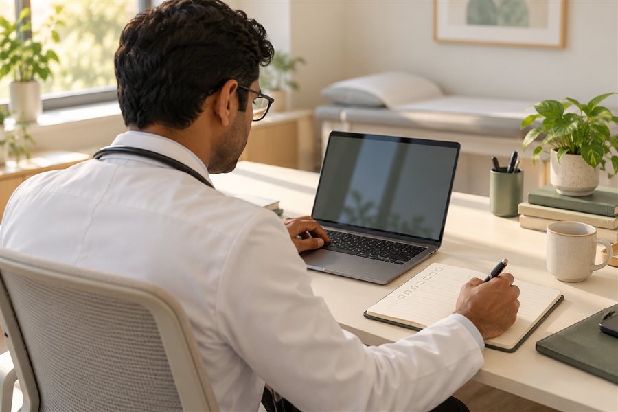 A doctor organizing a workflow with a laptop and notebook